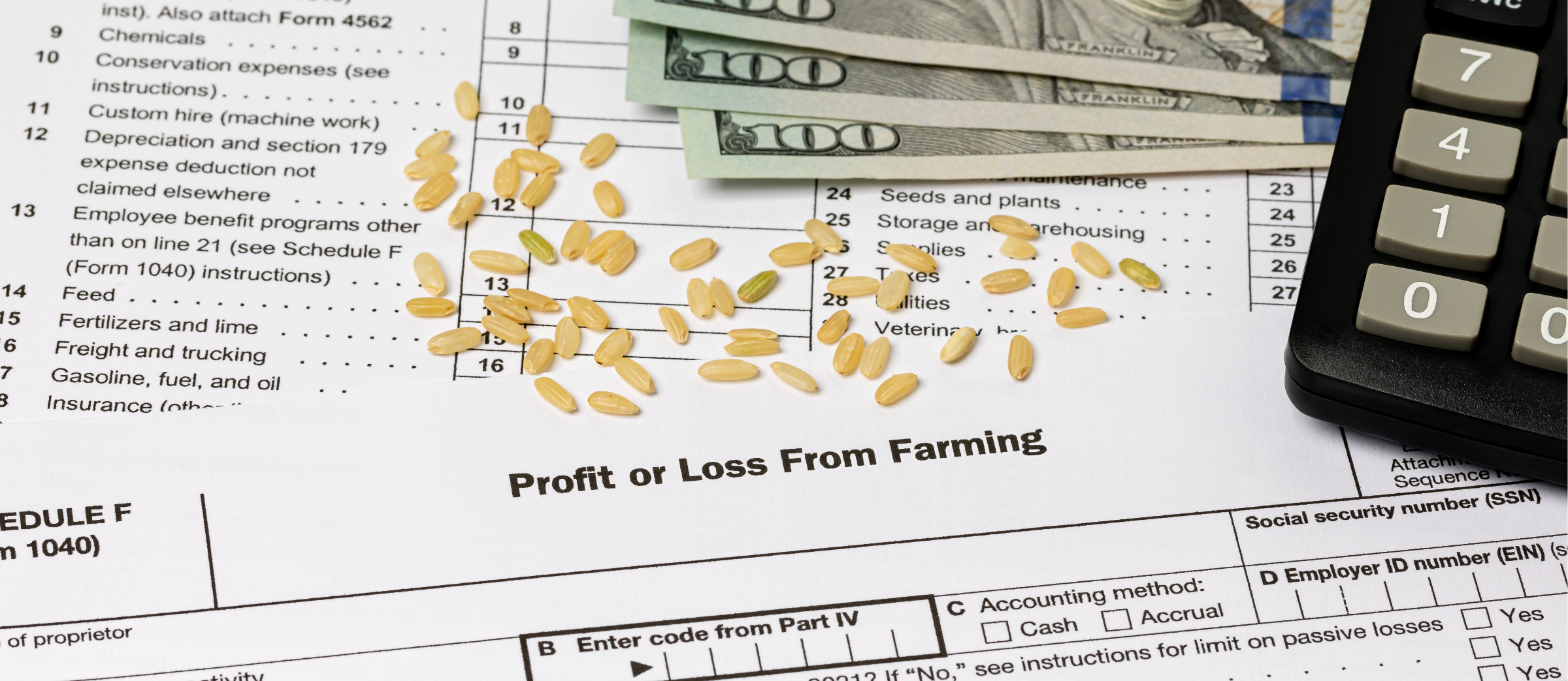Profit or Loss From Farming Schedule F paperwork, small grains, calculator, and cash together
