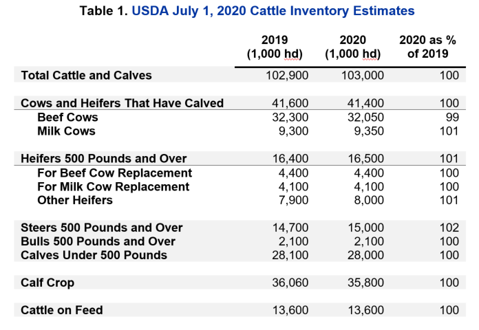 Table of Cattle Inventory Estimates from USDA as of July 1, 2020