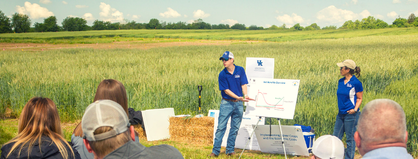 Jordan Shockley presenting information at the Wheat Science Field Day.