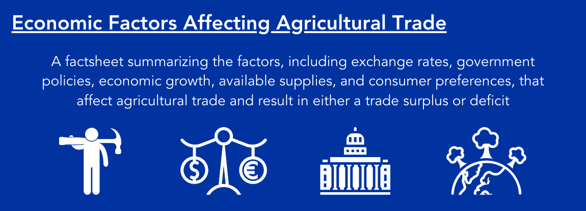 Economic Factors Affecting Agricultural Trade is a factsheet summarizing the factors, including labor, available supplies, exchange rates, and consumer preferences, that affect agricultural trade and result in either a trade surplus or deficit. Click to r