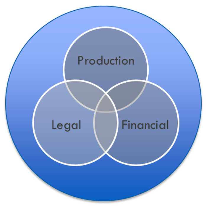 Figure 1: Relationship of Production, Legal, and Financial subsystems within a larger circle of "everything else you need to know"