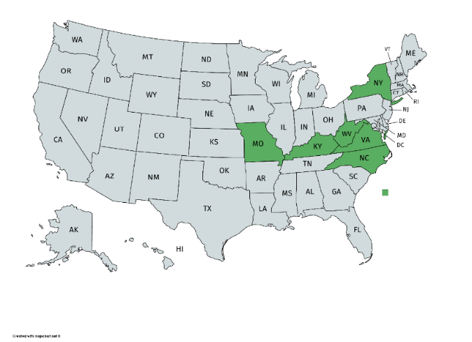 Figure 1: U.S. map indicating grant project reach in Kentucky, North Carolina, West Virginia, Missouri, Virginia, and New York