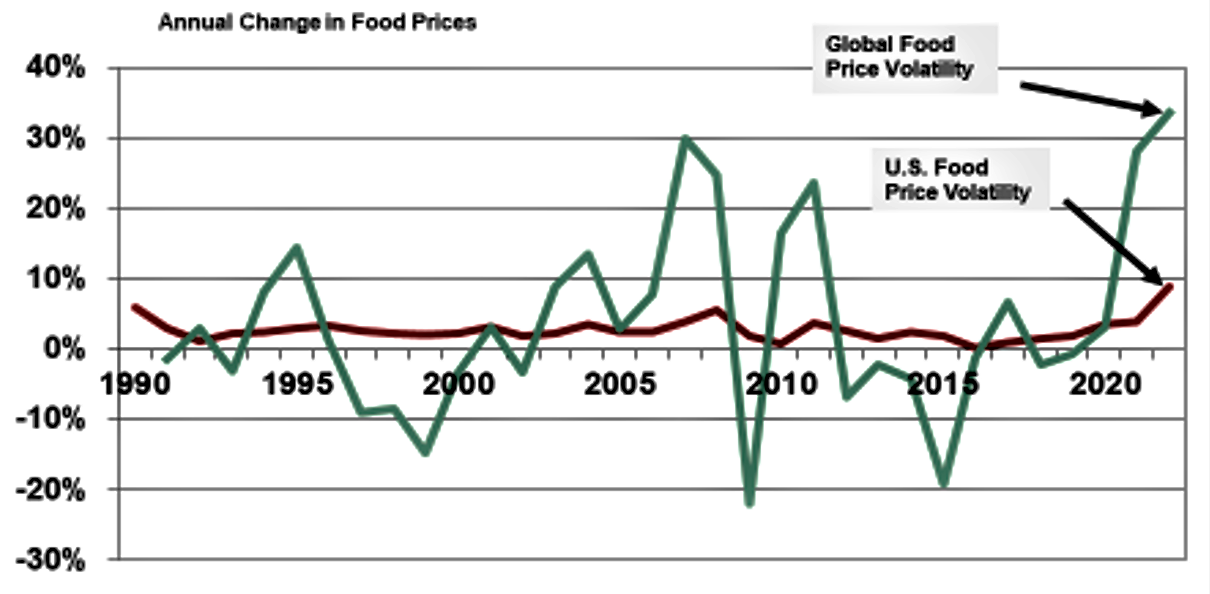 Figure 3: Food Price Volatility: U.S. vs Global (1990-2022)