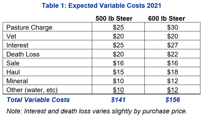 Table 1: Expected Variable Costs 2021 for 500 and 600 lb steers