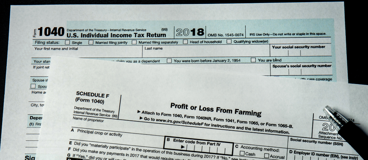 Form 1040 Tax Return and Schedule F Profit or Loss From Farming printed forms laid out with a pen