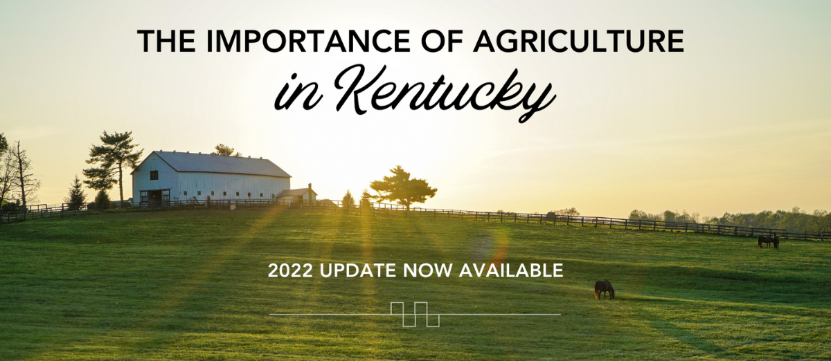 Background photo of horses in a pasture near a barn with overlaying text of The Importance of Agriculture in Kentucky 2022 Update Now Available
