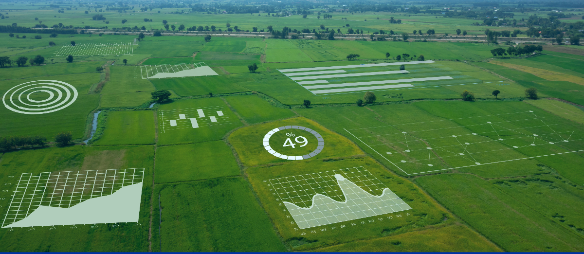 Aerial view of fields with overlay of graphs and data graphics