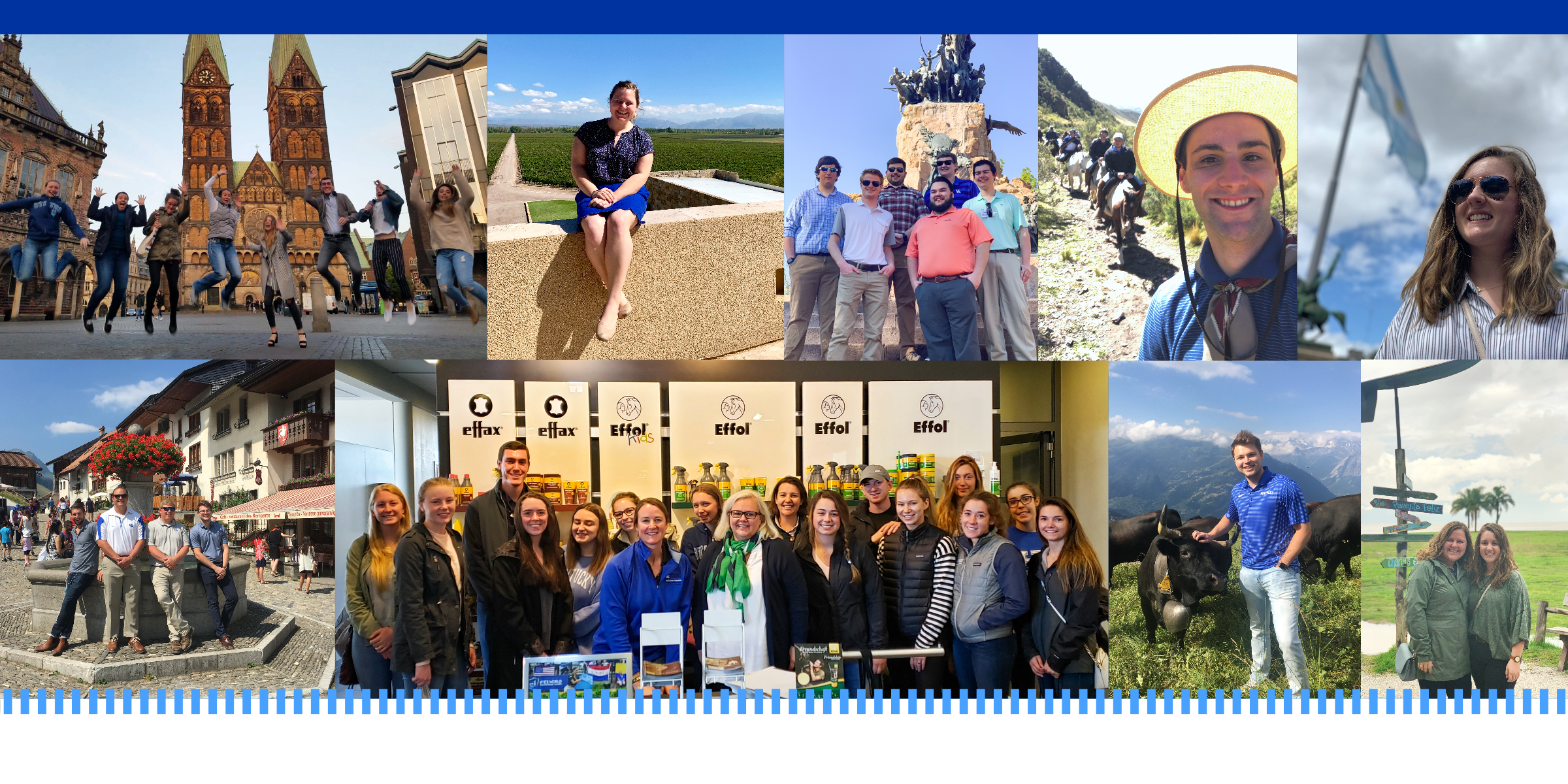 Photo collage of students participating in education abroad programs to Argentine, France, Netherlands, Germany, and Switzerland