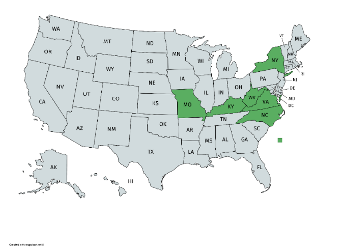 Figure 1 U.S. map indicating grant project reach in Kentucky, North Carolina, West Virginia, Missouri, Virginia, and New York