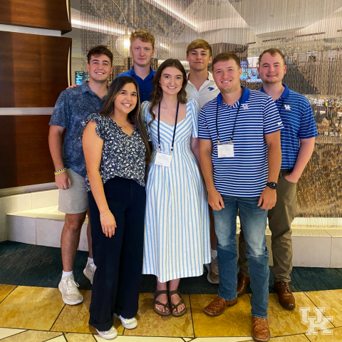 Quiz Bowl team group photo at the AAEA 2024 Annual Meeting in New Orleans. Members: Lee Owen, Caroline Groth, Macey Thompson, Ben Williams, Nathan Petrie, Braden Porter, Jackson Baird, and Ben Williams